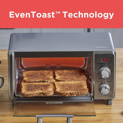 Toaster oven with EvenToast Technology in action, showing four slices of toast inside.