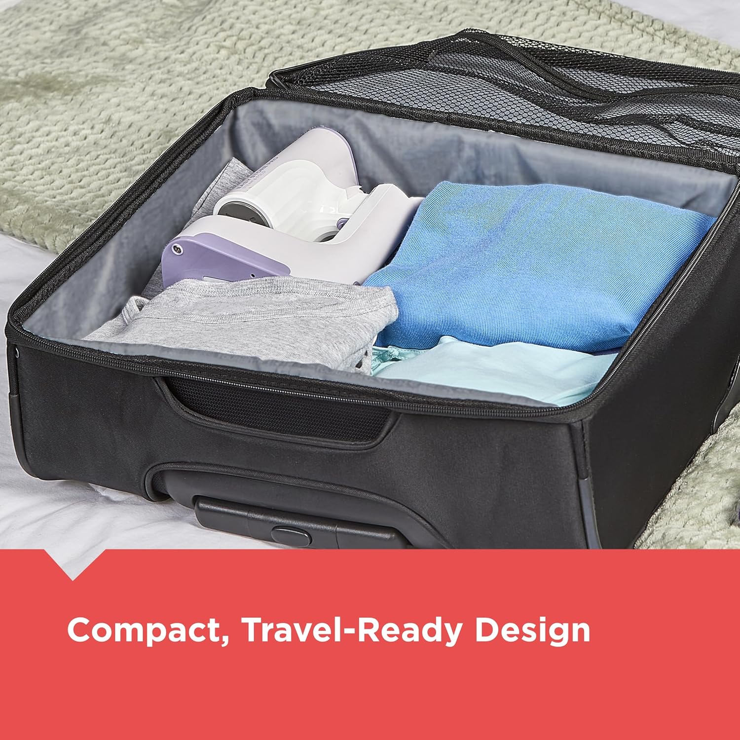 Open suitcase with clothes inside on a bed, with text 'Compact, Travel-Ready Design'.