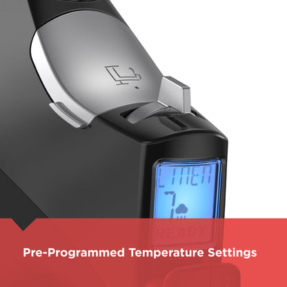 Digital thermometer with pre-programmed temperature settings on a white background