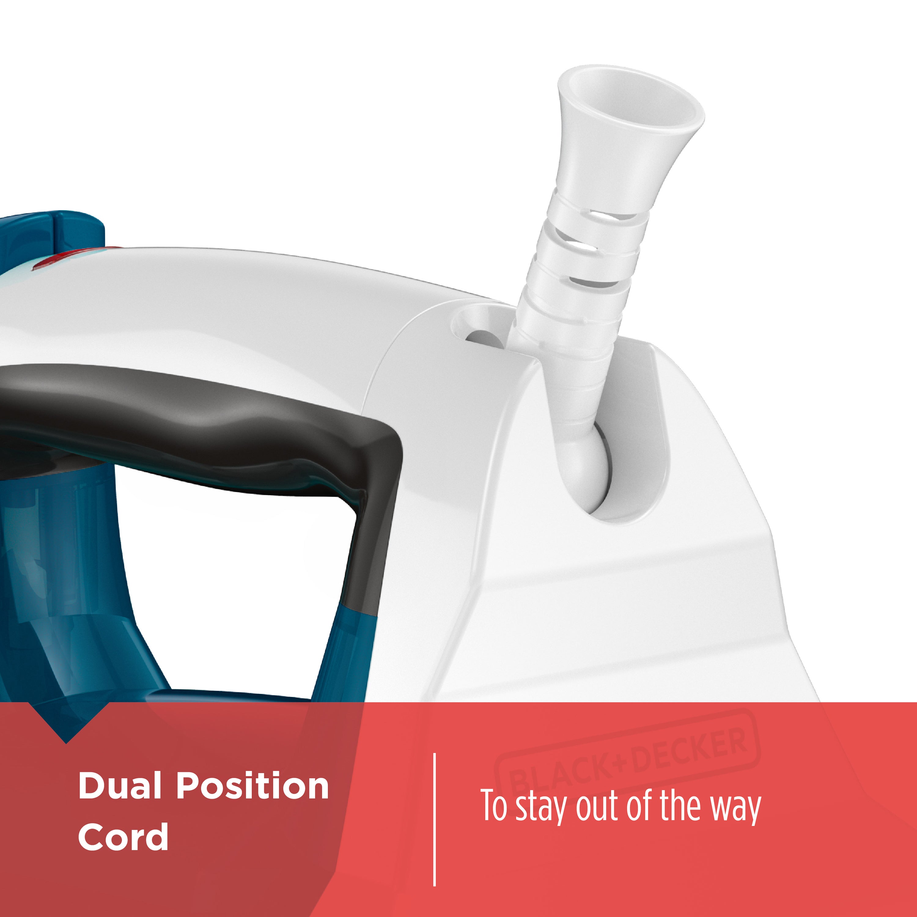 White and blue vacuum cleaner with dual position cord feature on a white background