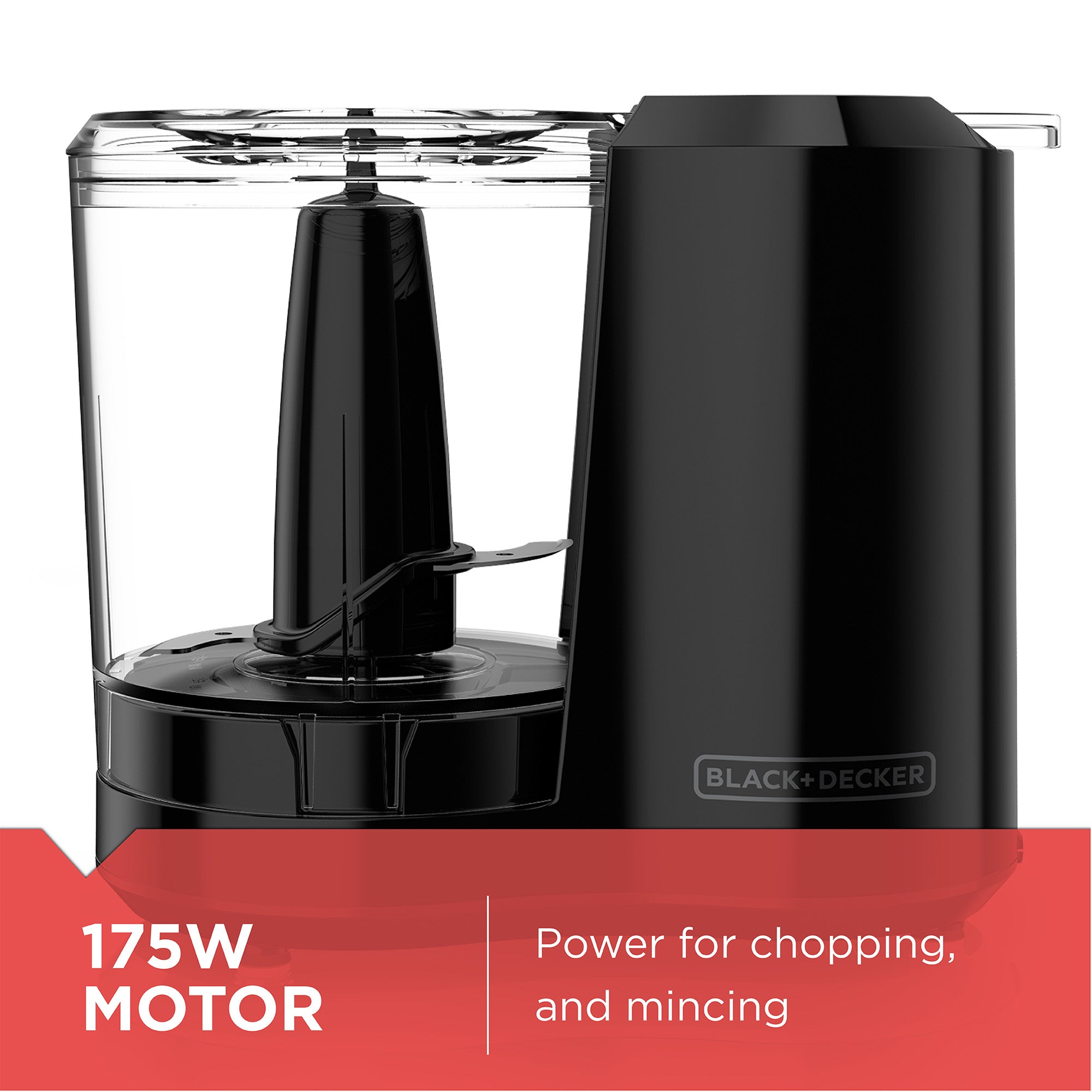 Black food chopper with 'Black+Decker' branding on a white background