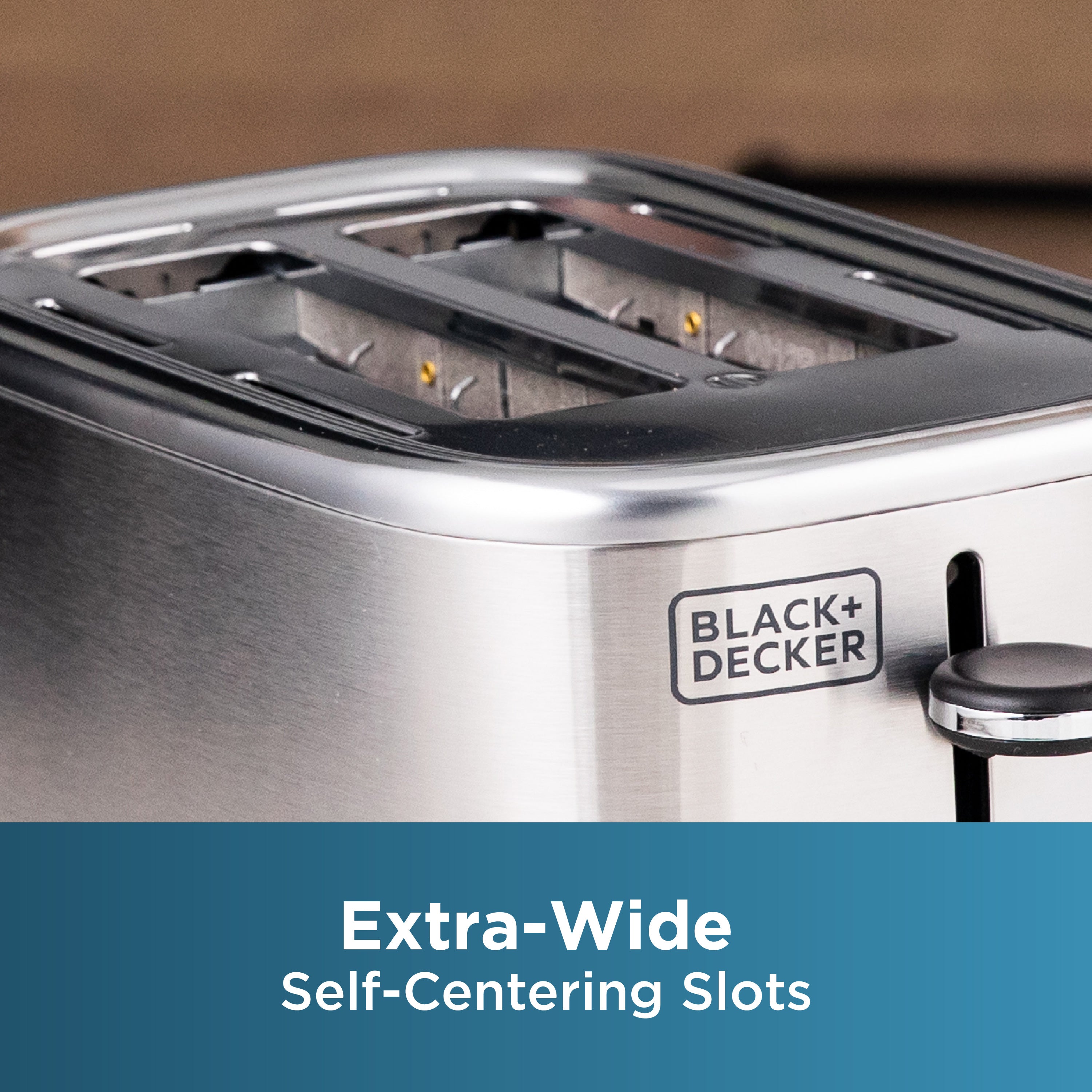 Black+Decker toaster with extra-wide self-centering slots on a neutral background