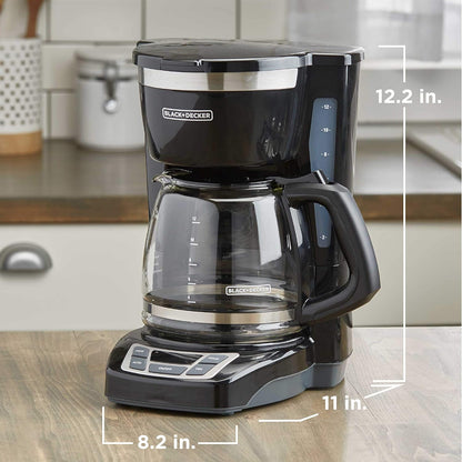 Black and Decker coffee maker on a kitchen counter with dimensions displayed