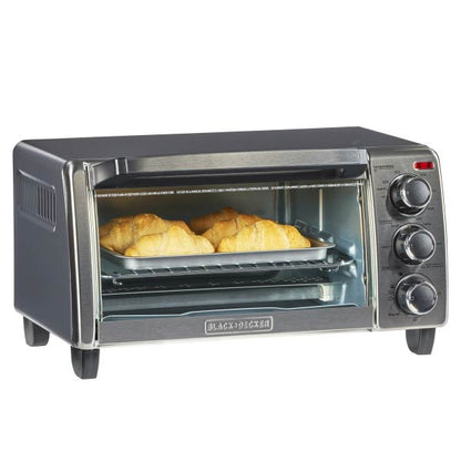 Black and Decker toaster oven with bread inside on a white background
