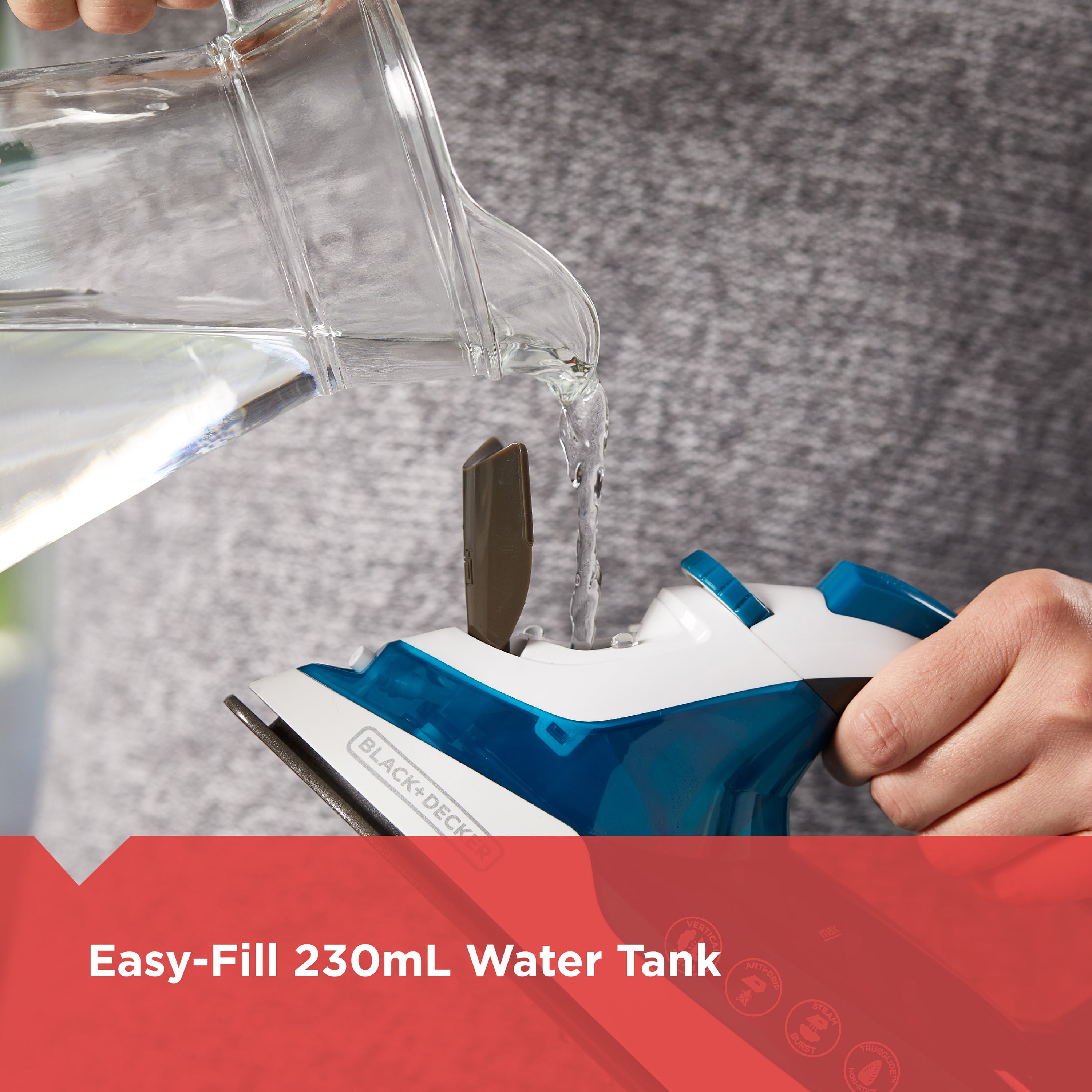 Person pouring water into a Blue and White tool with 'Black & Decker' branding, labeled 'Easy-Fill 230mL Water Tank'.