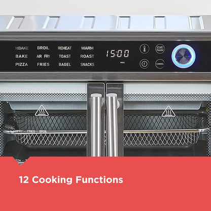 Multifunctional oven with digital display and control panel, featuring various cooking functions.
