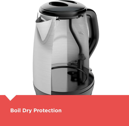 Black and silver electric kettle with 'Boil Dry Protection' text on a white background