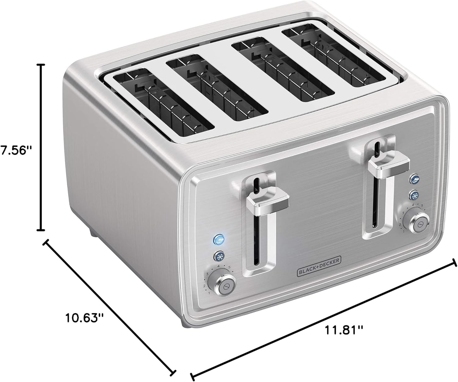 Silver toaster with dimensions labeled on a white background