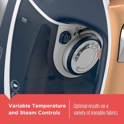 Close-up of an iron with temperature and steam control settings on a red background