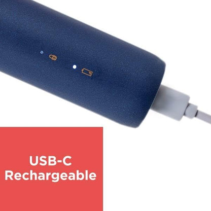 Blue cylindrical device with USB-C connection on a white background