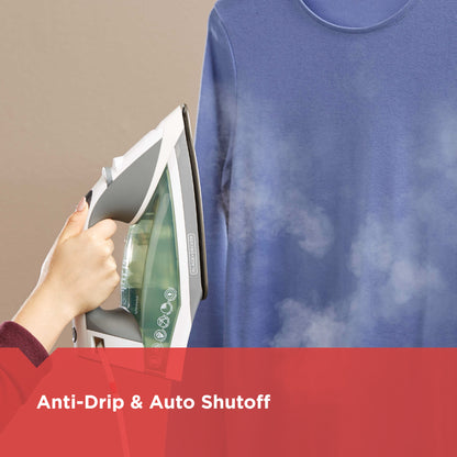 Person ironing a blue shirt with steam coming out, featuring 'Anti-Drip & Auto Shutoff' text.