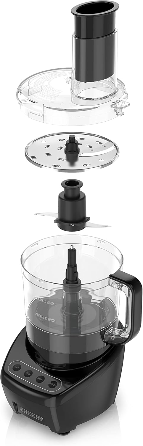 Black food processor with detachable parts on a white background