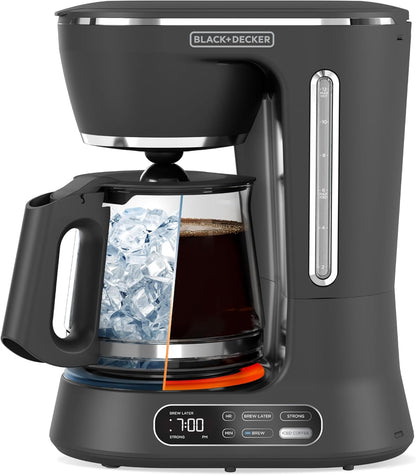 Black and Decker coffee maker with ice and coffee inside on a white background