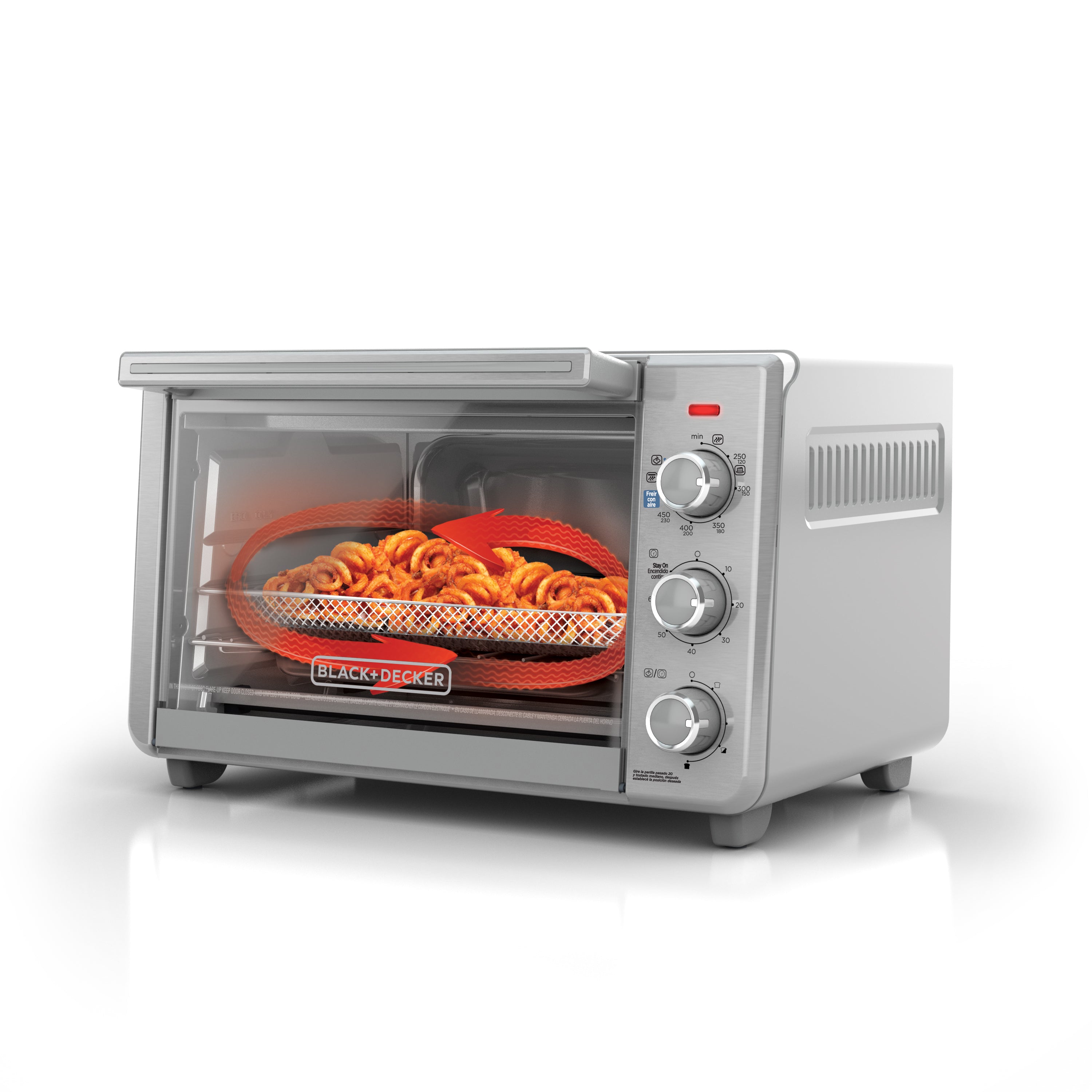 Silver toaster oven with food inside on a white background