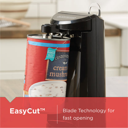 Can opener with a can of cream mushroom on a kitchen counter, featuring 'EasyCut' blade technology.