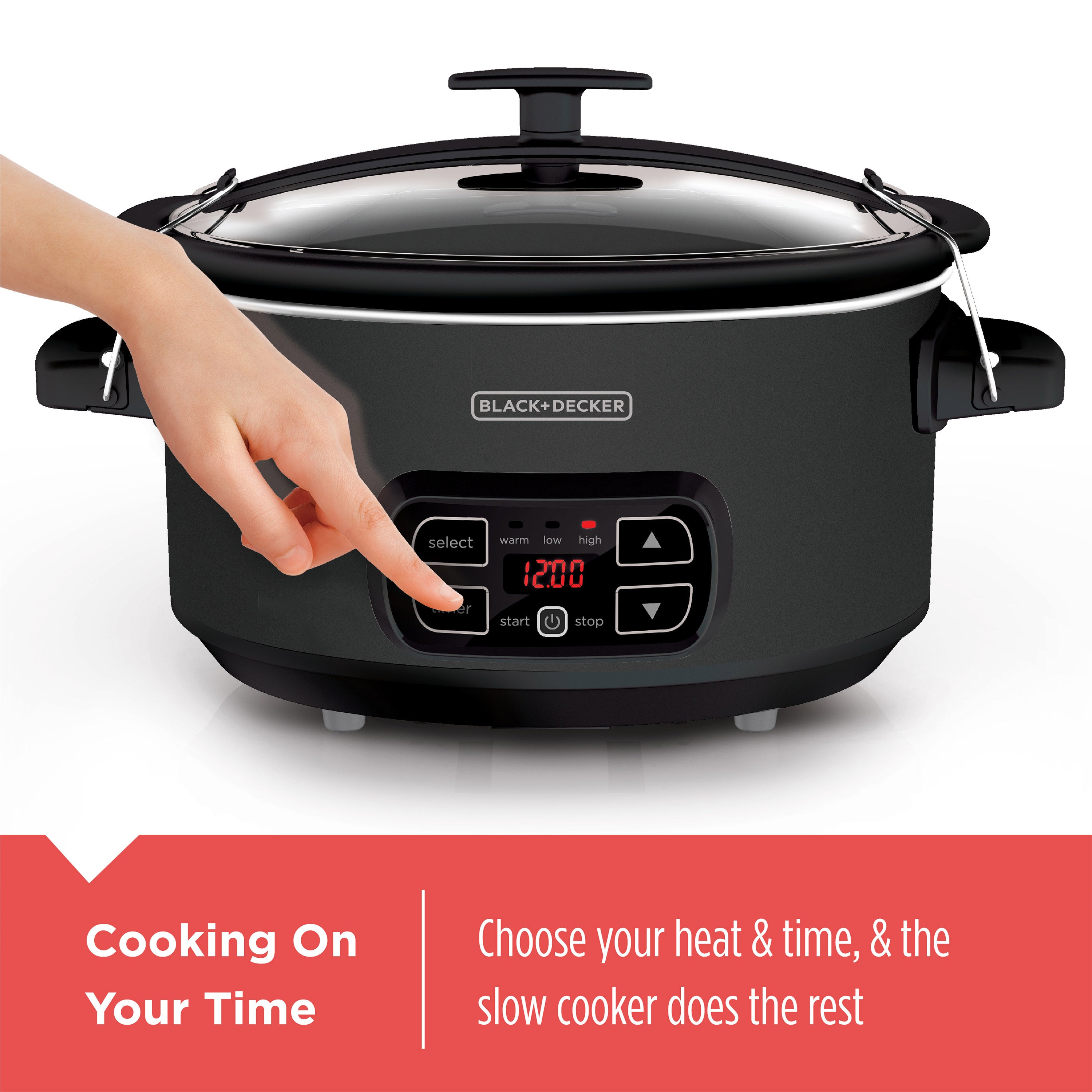 Black slow cooker with digital display and hand pointing at it, on a white background.