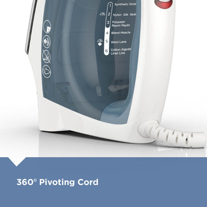 White iron with blue display on a white background, featuring '360° Pivoting Cord' text.