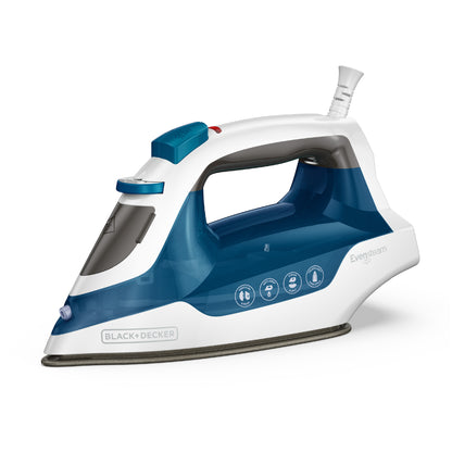 White and blue steam iron with visible brand logos on a white background
