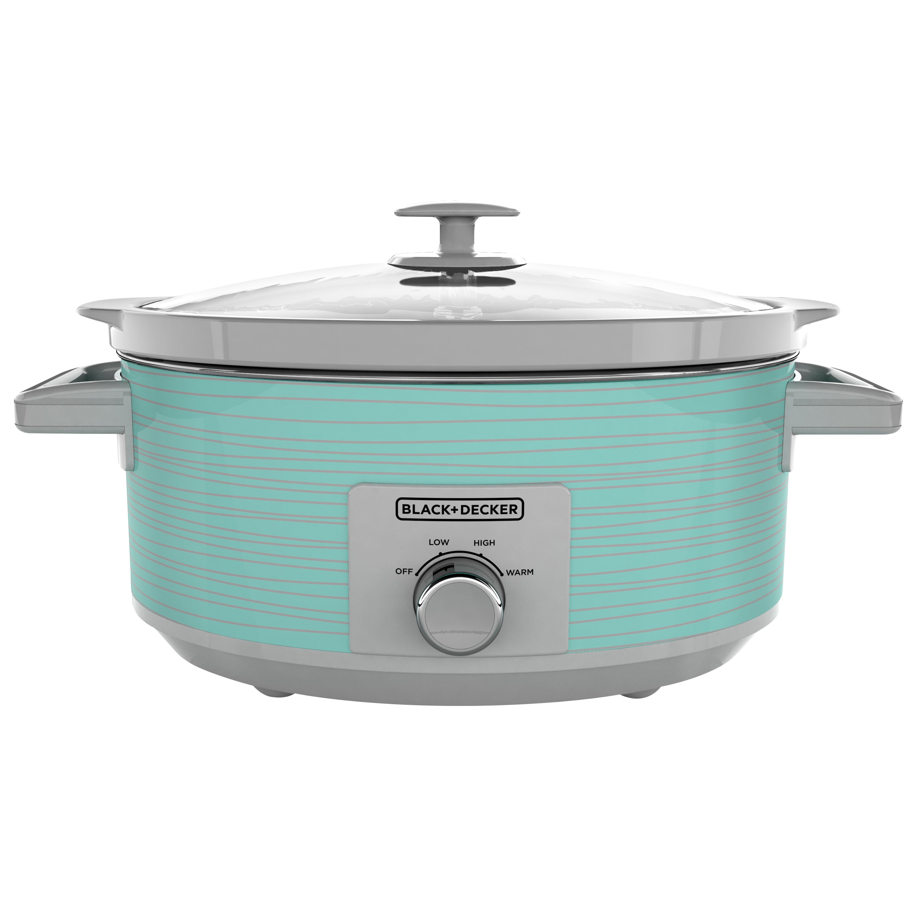 Turquoise slow cooker with a glass lid on a white background