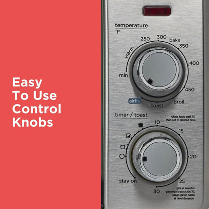 Control knobs of a kitchen appliance with text 'Easy To Use Control Knobs' on a red background