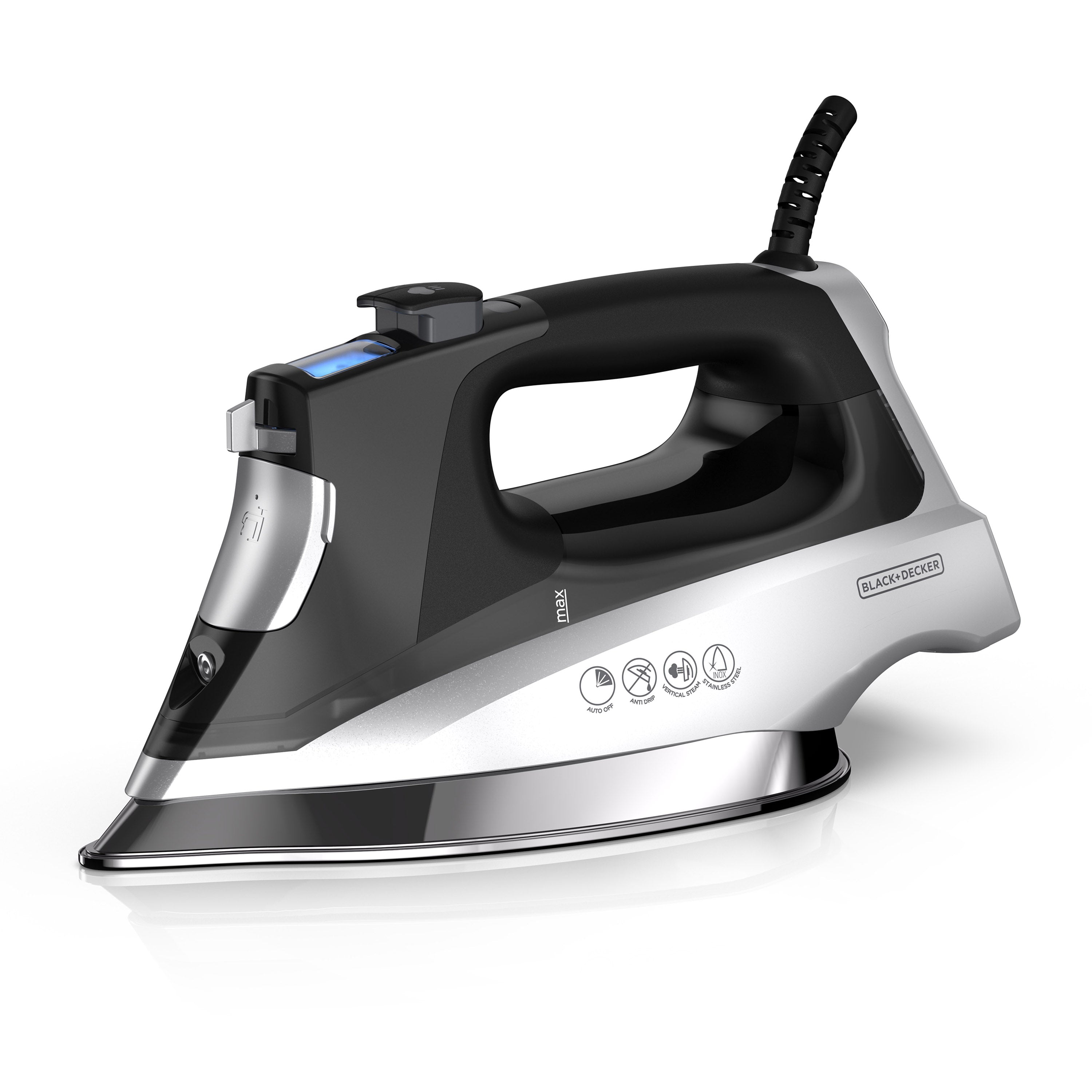 Black and silver steam iron on a white background