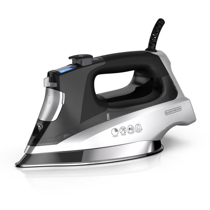 Black and silver steam iron on a white background