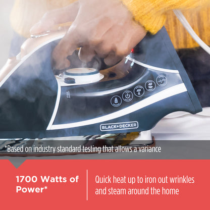Black and Decker iron being used with text about power and features.