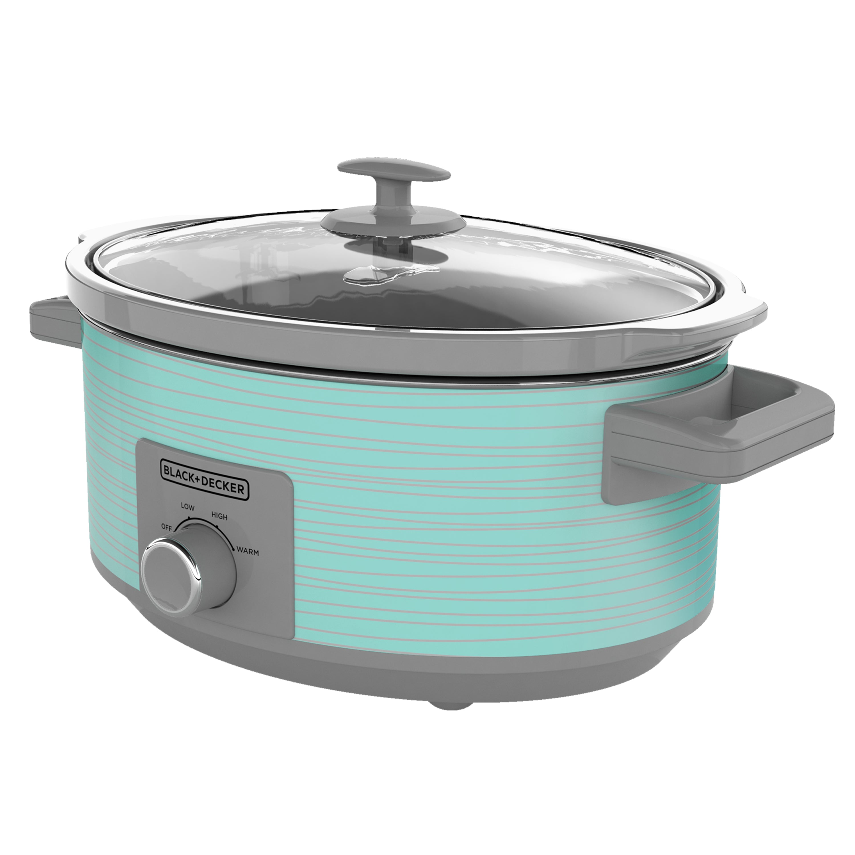 Turquoise and gray slow cooker with a glass lid on a white background
