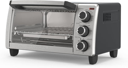 Silver toaster oven with black knobs on a white background