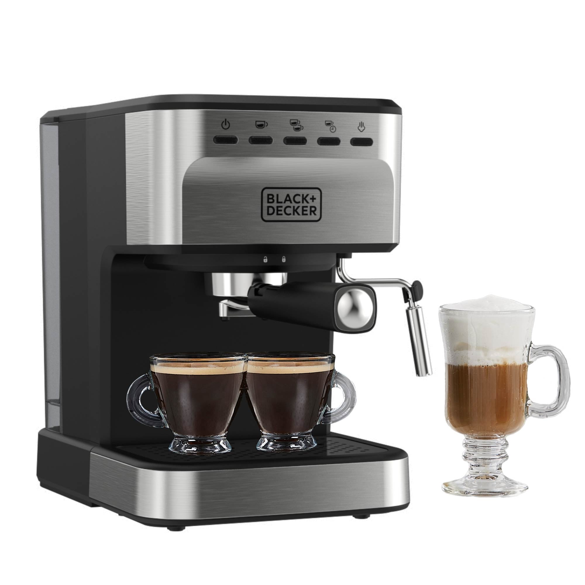 Black+Decker espresso machine with two cups of coffee and a glass of latte on a white background