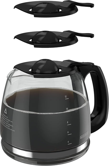 Black glass coffee maker with two black lids on a white background