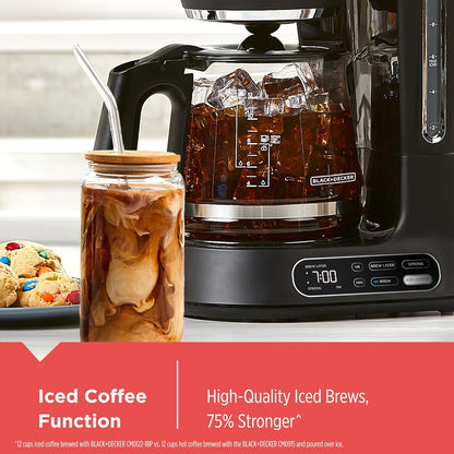 Black and Decker iced coffee maker with iced coffee in a jar on a kitchen counter.
