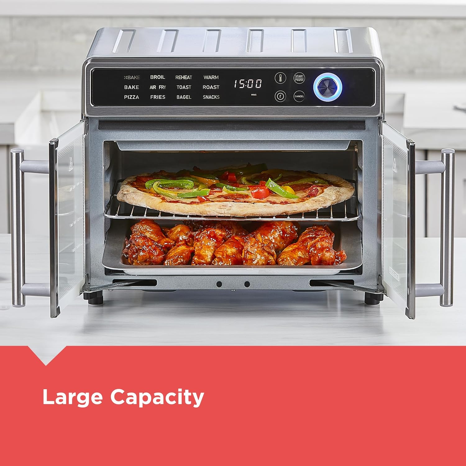 Multifunctional oven with pizza and chicken wings inside, labeled 'Large Capacity'.