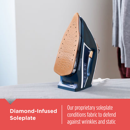 Iron with diamond-infused soleplate on a white surface, highlighting its feature.