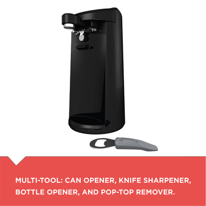 Black multi-tool with can opener, knife sharpener, bottle opener, and pop-top remover on a white background.