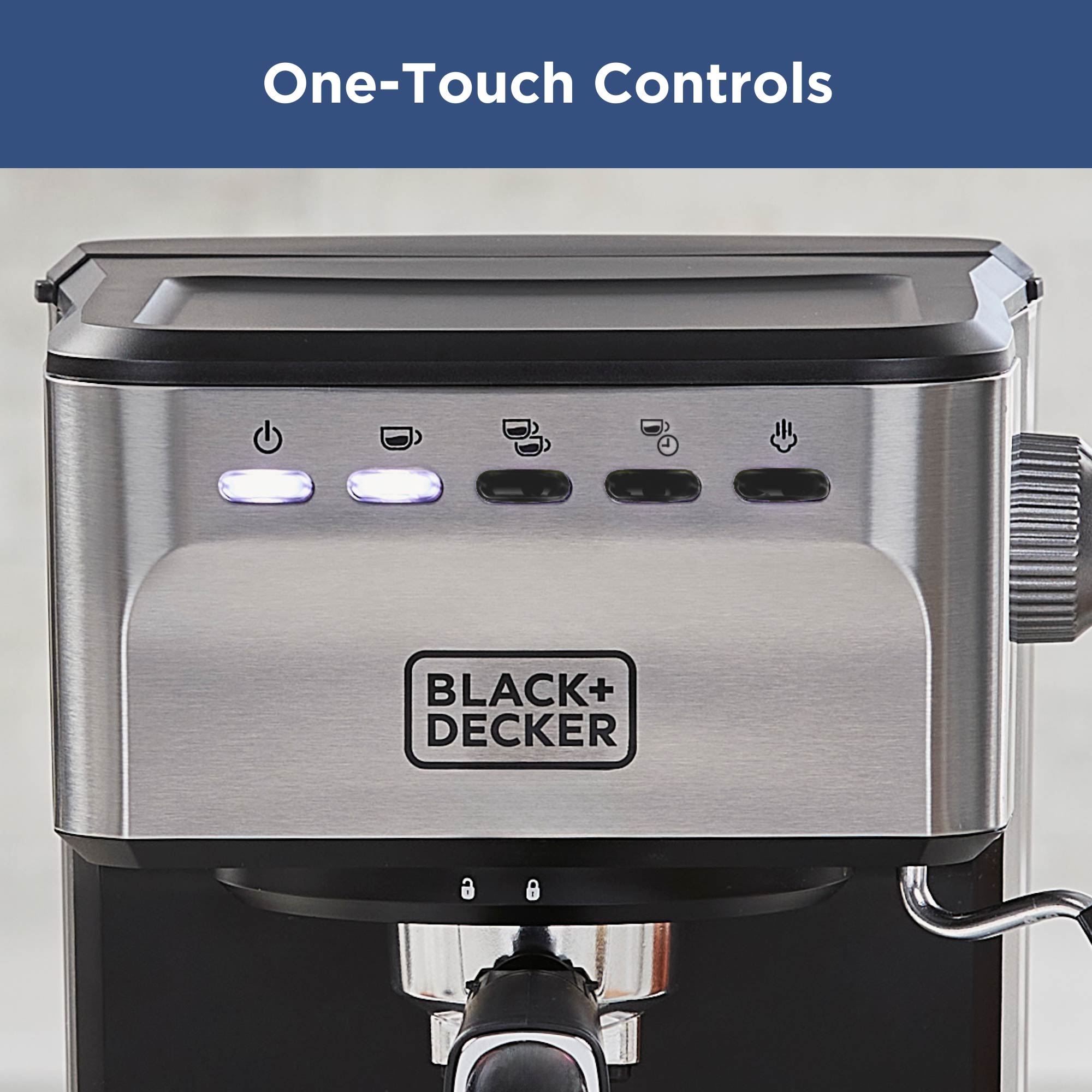 Black+Decker coffee maker with one-touch controls on a gray background