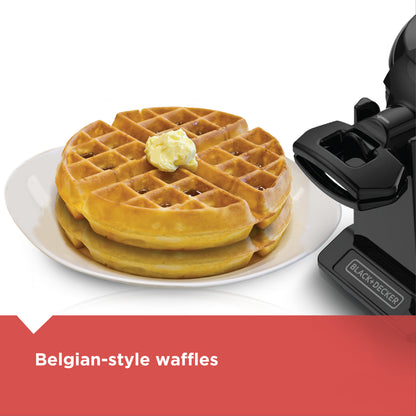 Belgian-style waffles with a pat of butter on a plate next to a Black & Decker waffle maker.