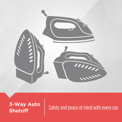Gray icons of an iron on a light gray background with text about a 3-way auto shutoff feature.