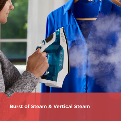 Person using a steam iron on a blue shirt with steam rising, text 'Burst of Steam & Vertical Steam' at the bottom.