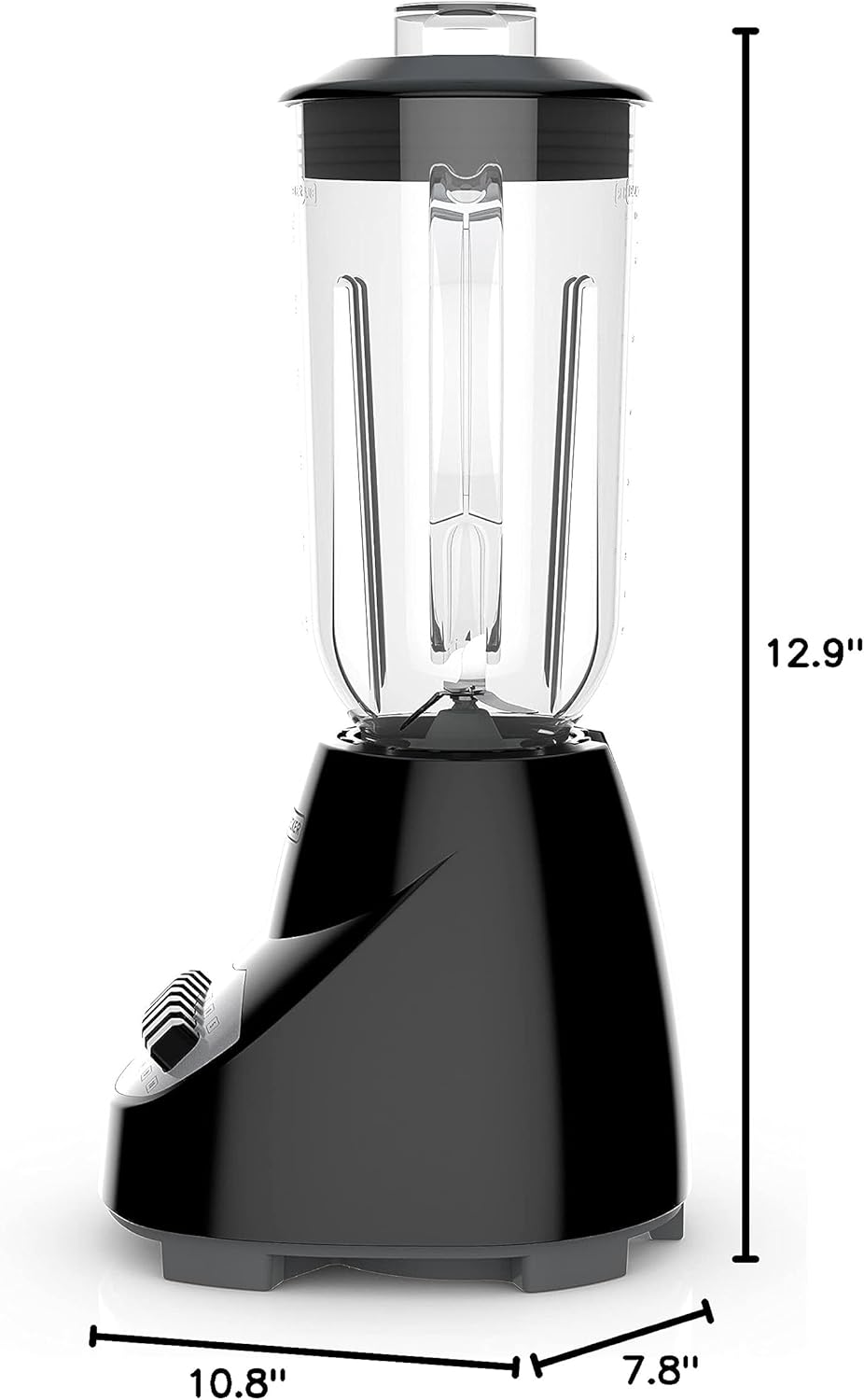 Black blender with clear container on a white background