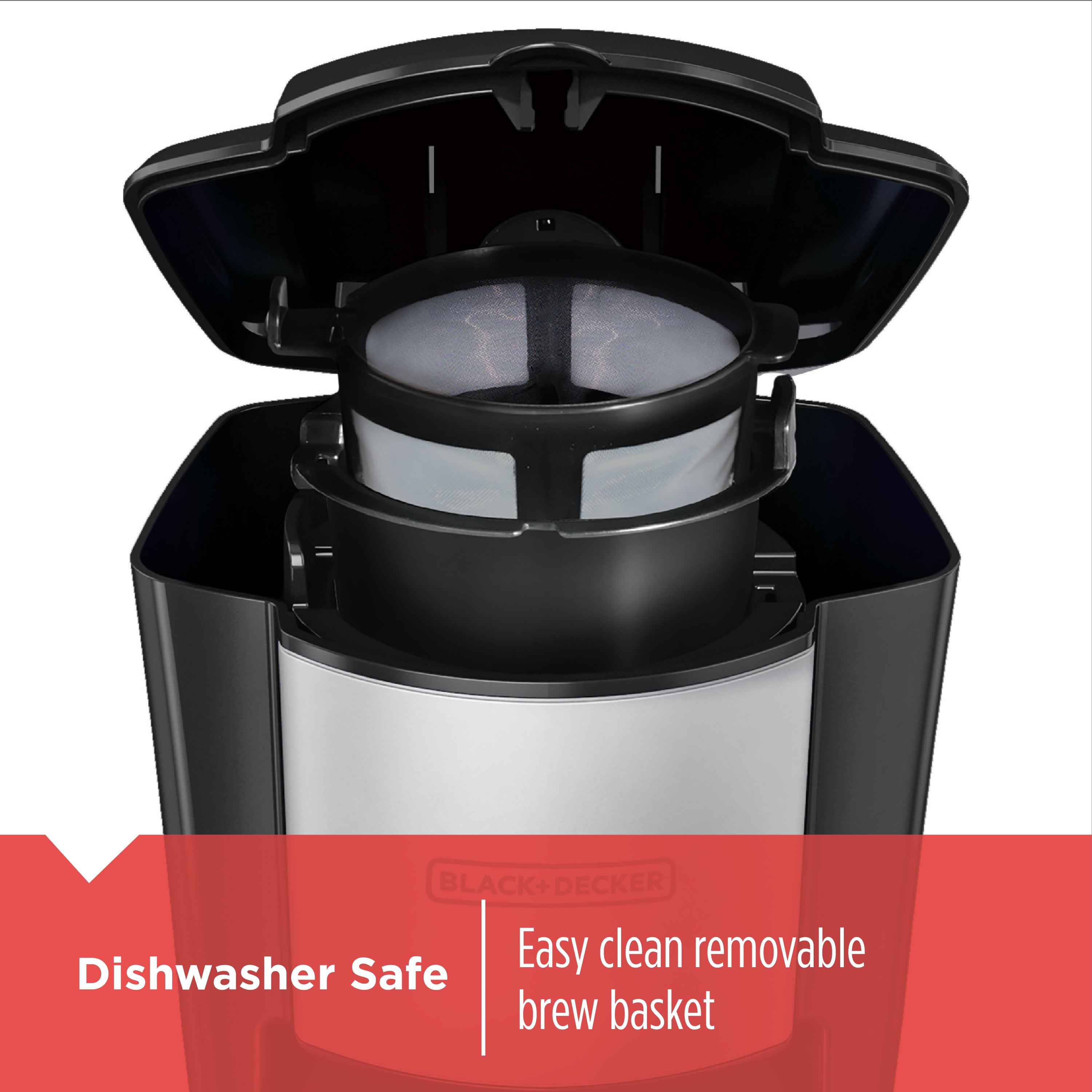 Black and Decker coffee maker with open lid showing brew basket, on a white background.