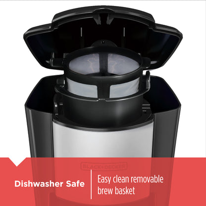 Black and Decker coffee maker with open lid showing brew basket, on a white background.