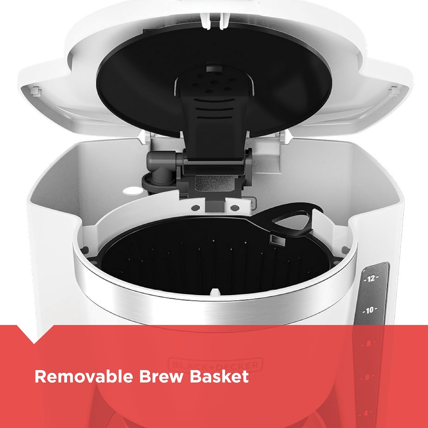 Coffee maker with open lid showing a removable brew basket on a white background.