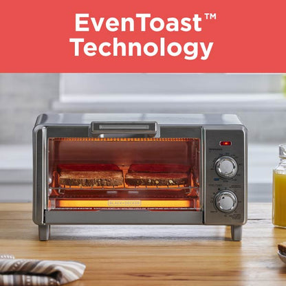 Toaster oven with 'EvenToast Technology' text on a red background
