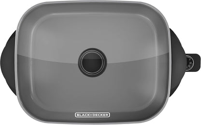 Gray electric skillet with Black+Decker logo on a white background